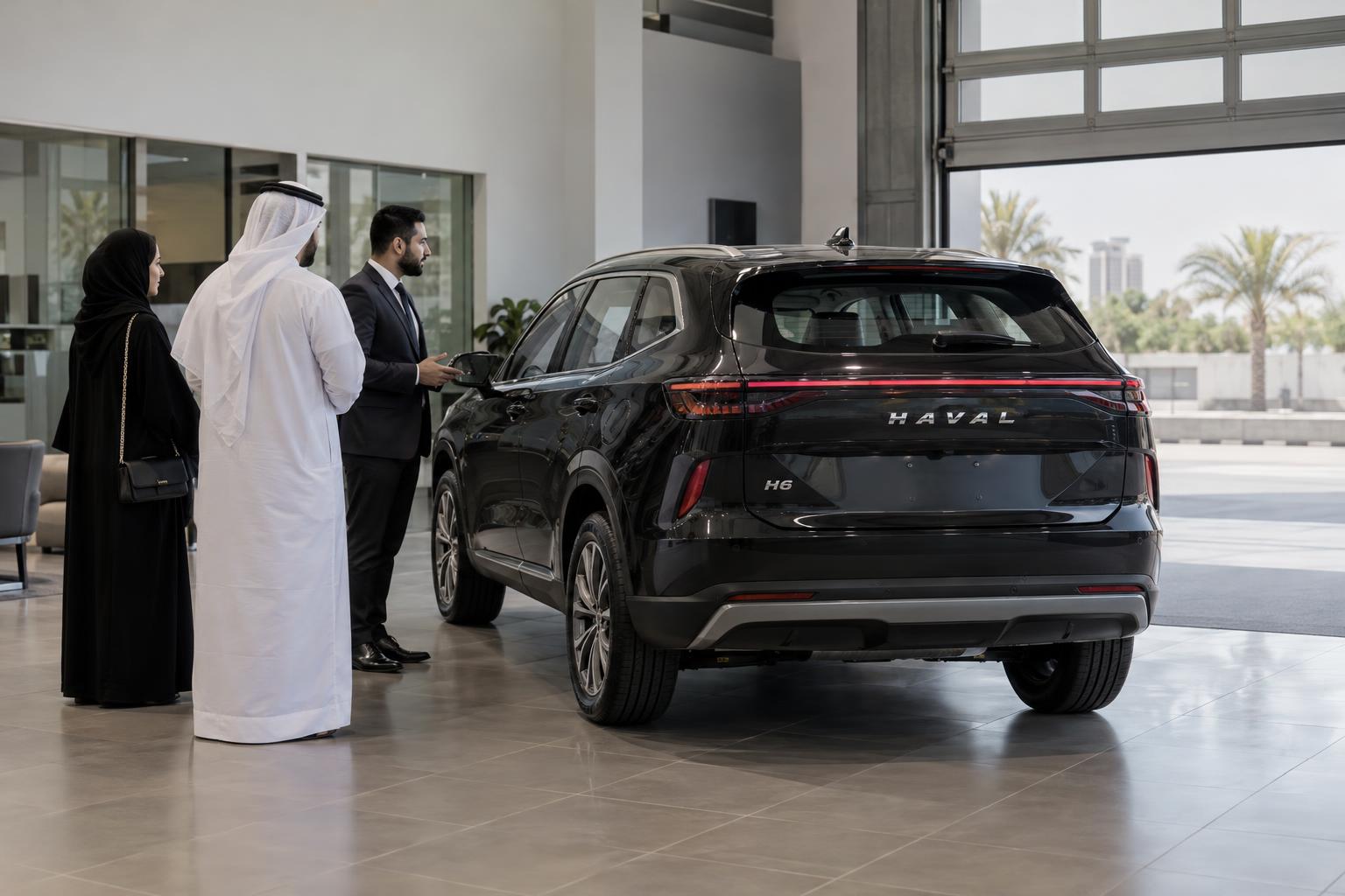 Customers and a dealer representative beside a redesigned Haval H6 in a Bahrain delivery bay.
