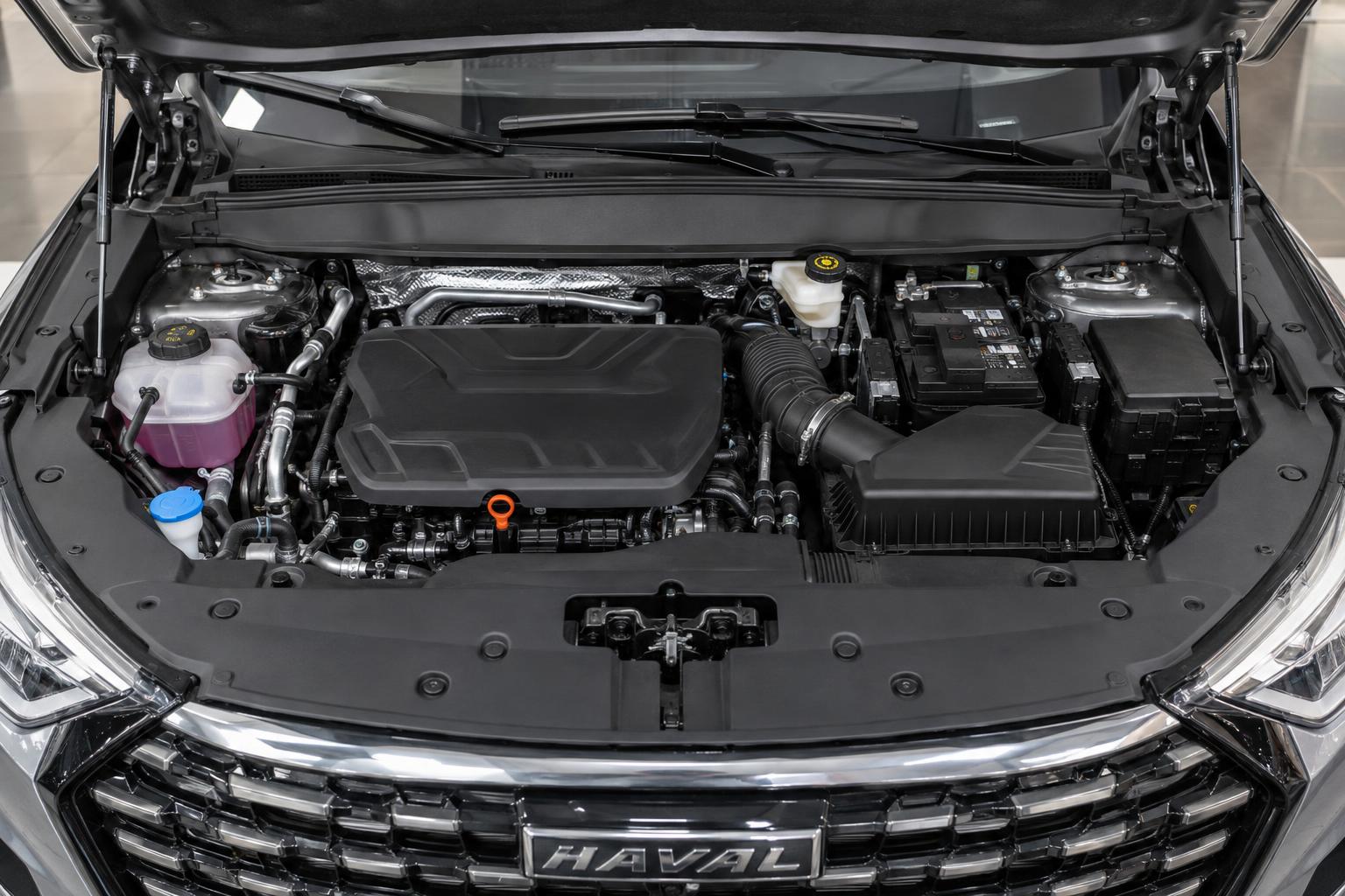 Factory engine bay of the redesigned Haval H6 showing its turbocharged petrol powertrain.