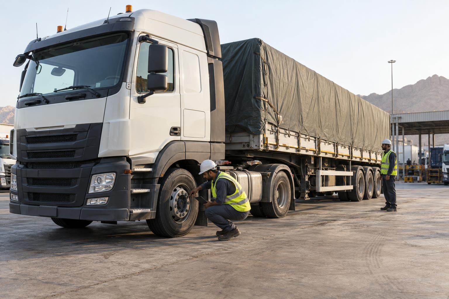 A fleet safety inspector checking the wheel area of a parked heavy truck in Oman.