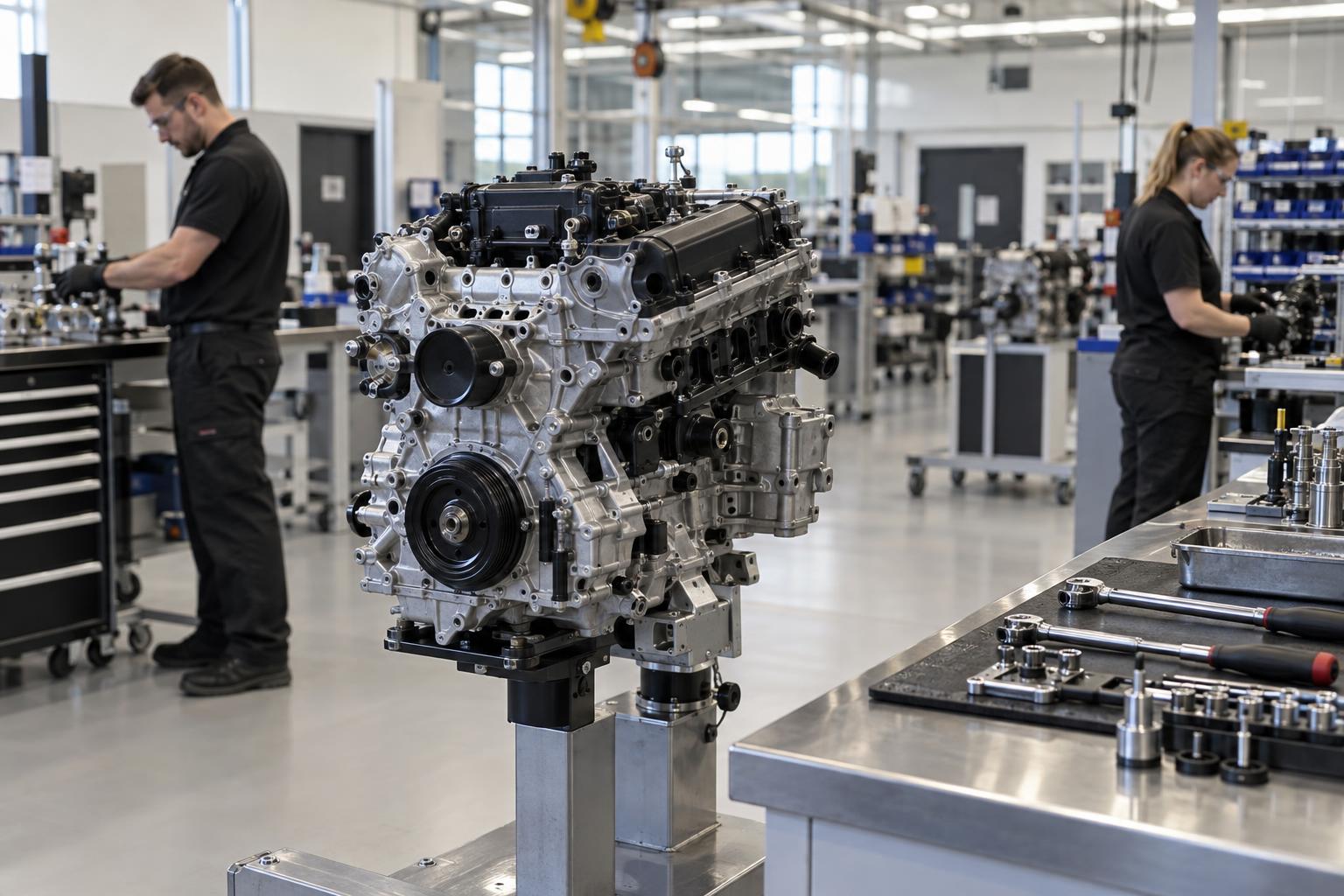 Technicians work near a high-performance engine assembly station in a modern engineering workshop.