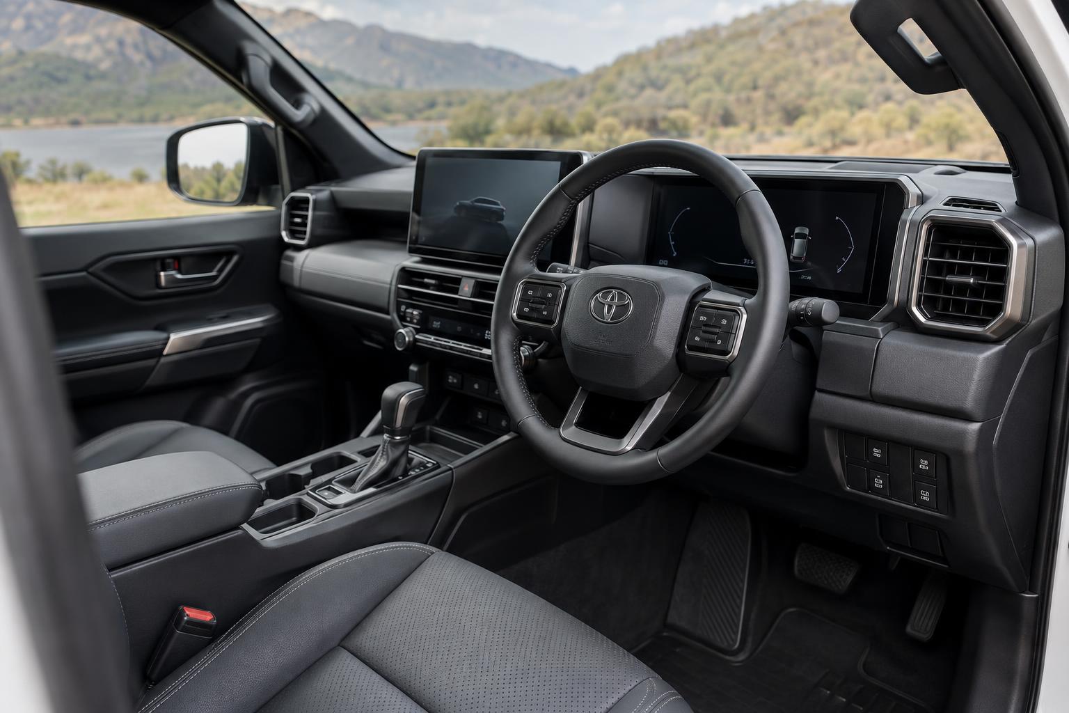 Driver's cabin of the new Toyota Hilux showing its digital instrument and central infotainment displays.