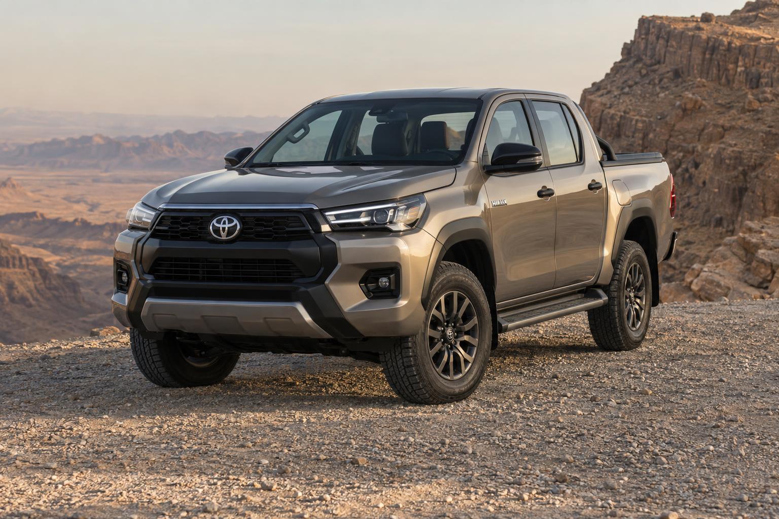 Front three-quarter view of the ninth-generation Toyota Hilux on a gravel desert turnout.