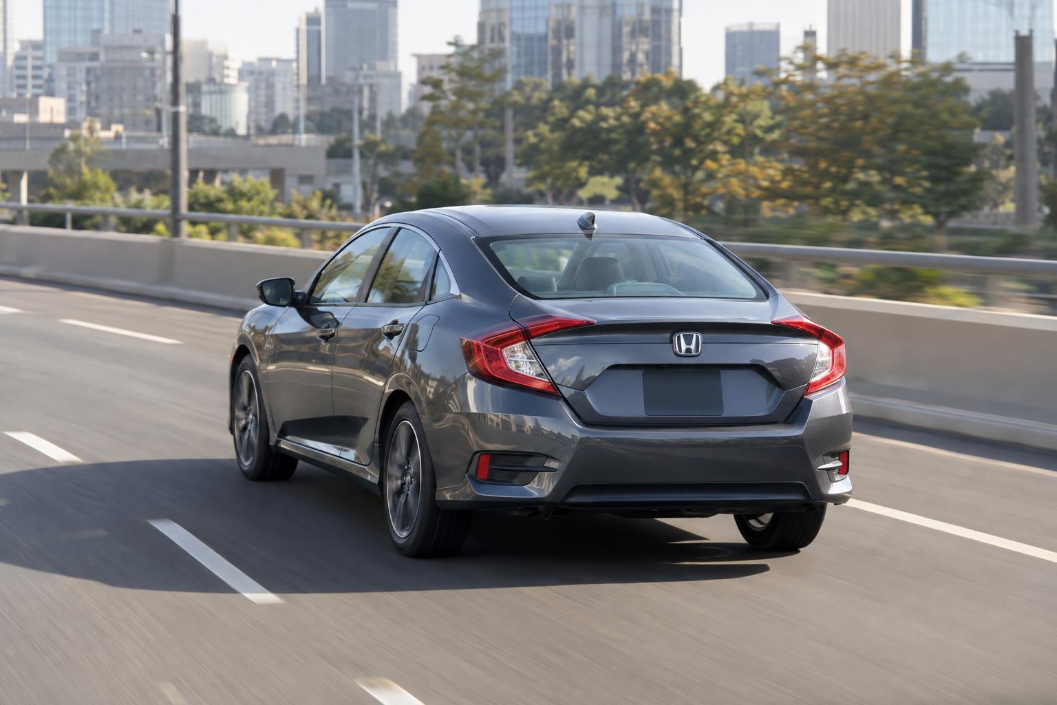A Honda passenger car maintains safe spacing while driving on a marked urban road.