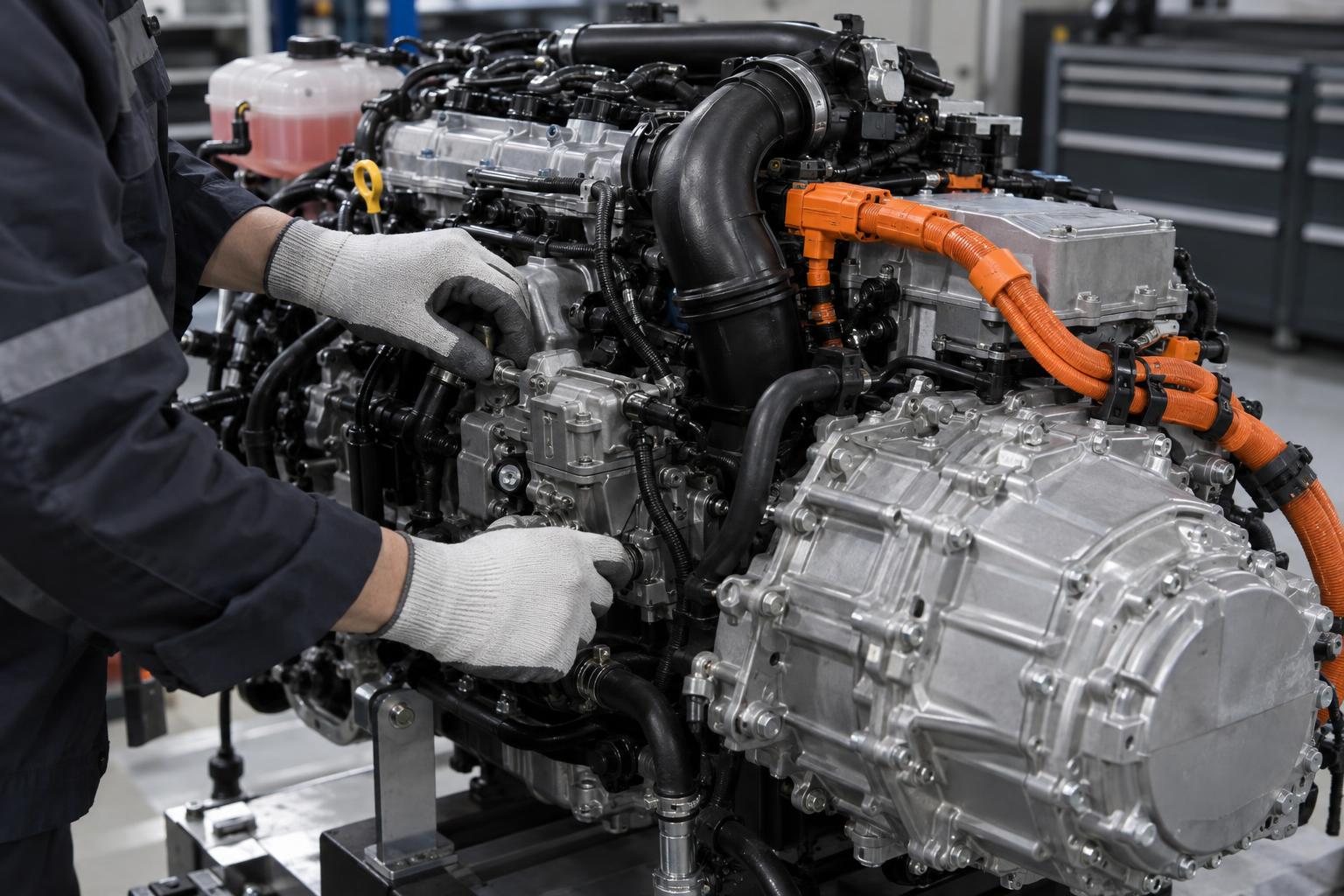 A technician inspects hybrid powertrain components in a workshop.
