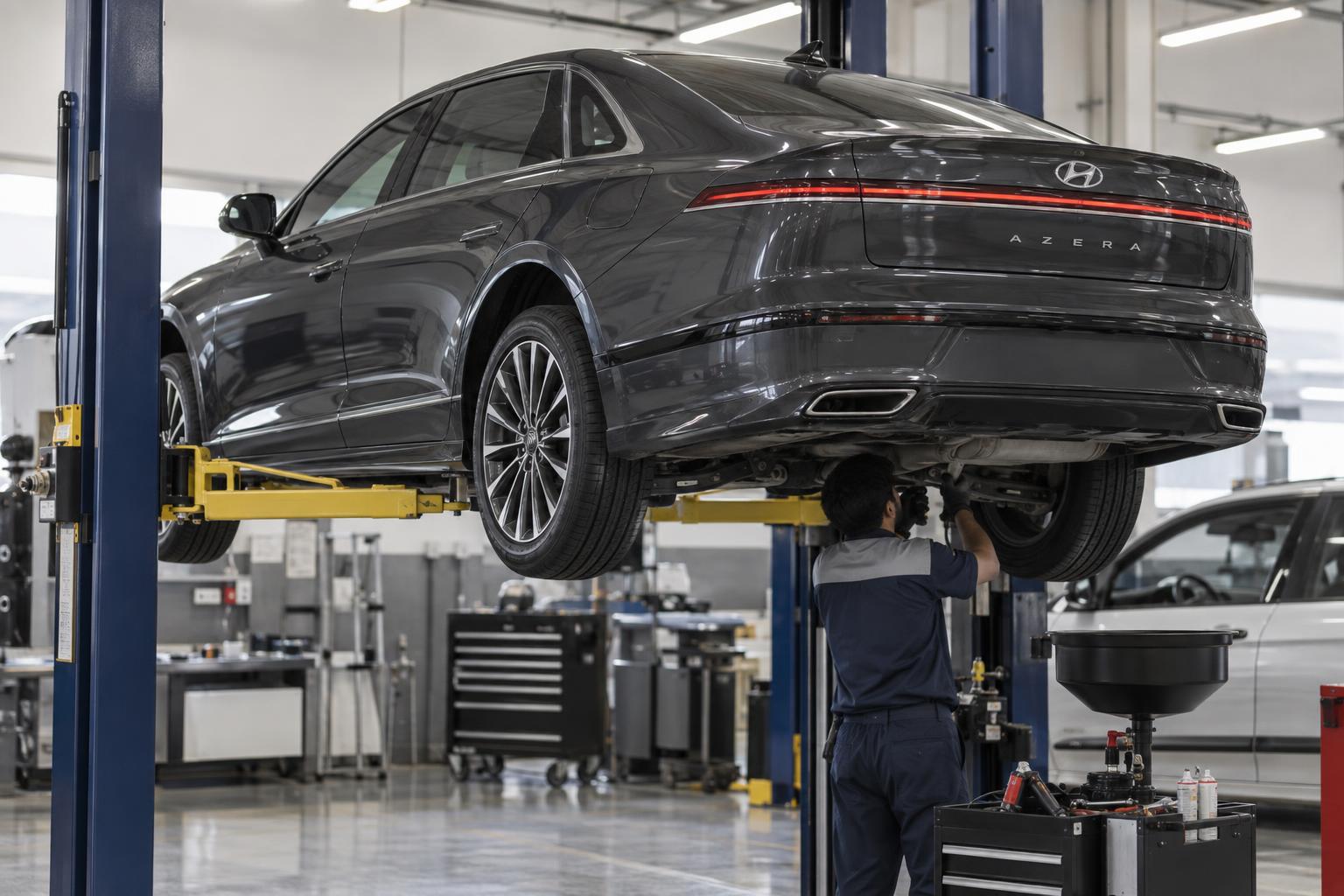 A Hyundai Azera receiving service in a Saudi authorized workshop.