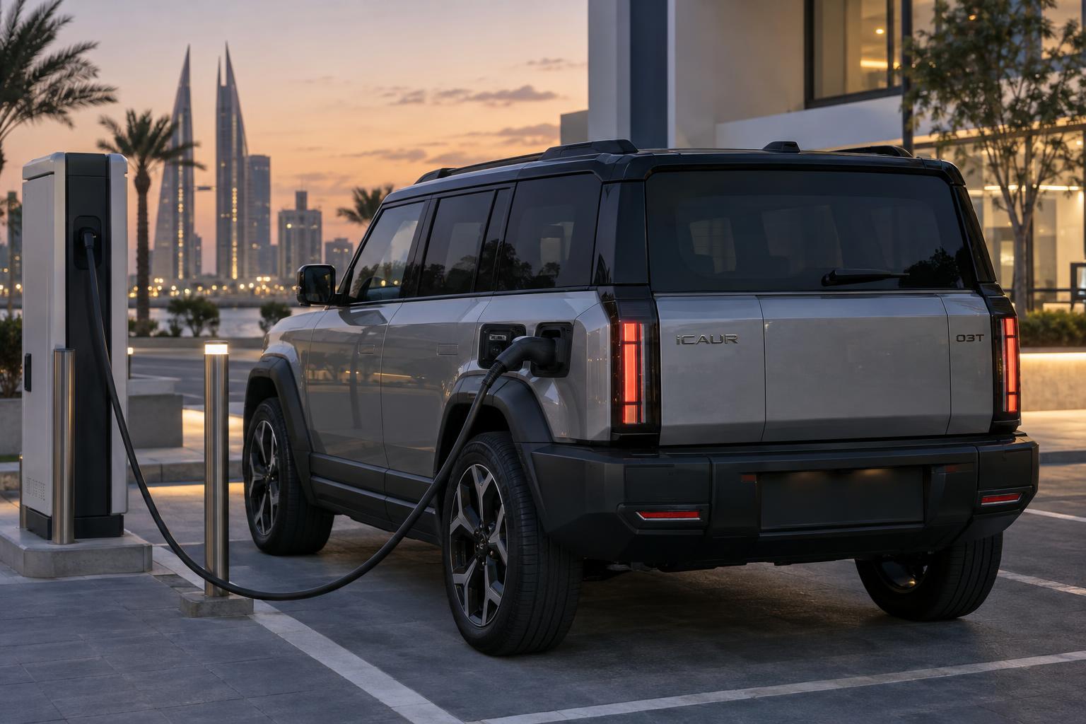 An iCAUR 03T connected to a public EV charger in Bahrain.