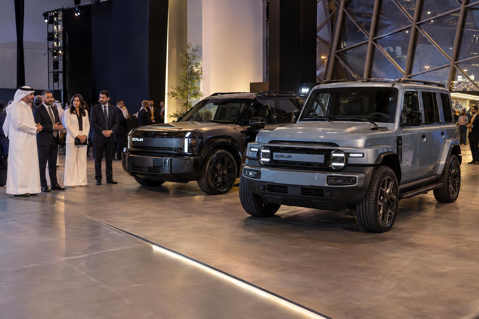 Guests attend an indoor iCAUR vehicle presentation in Bahrain.