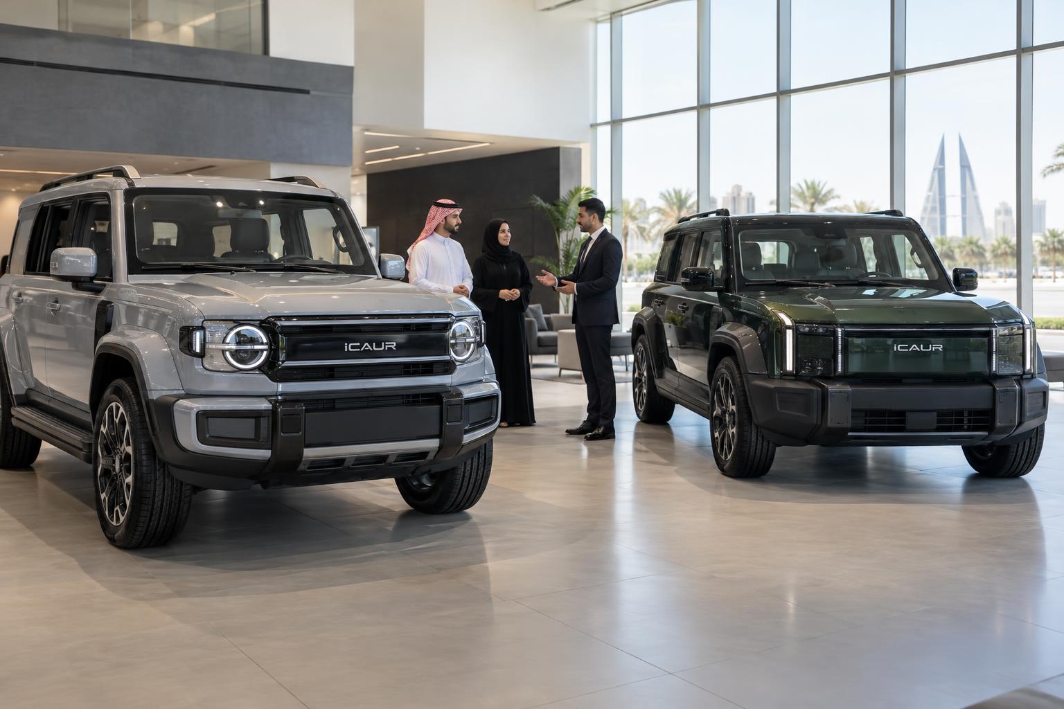 Potential buyers view iCAUR V27 and 03T vehicles in a Bahrain showroom.