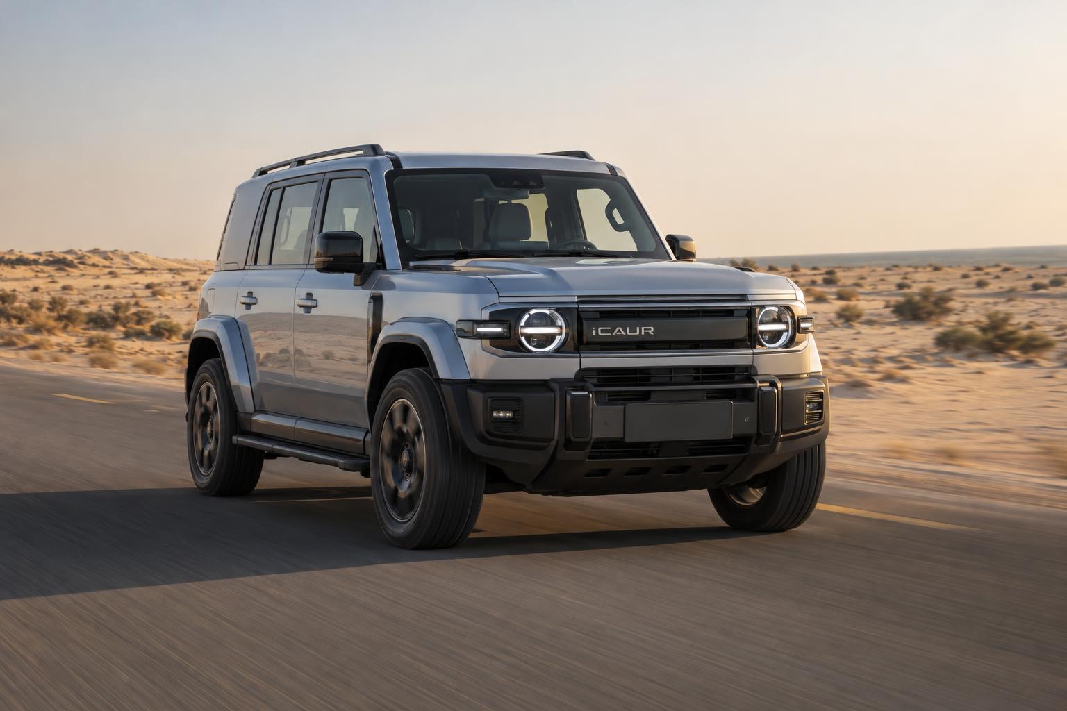 An iCAUR V27 drives along a paved road in Bahrain's desert landscape.