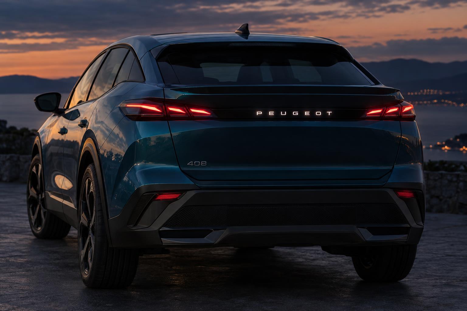 Rear view detail of the redesigned Peugeot 408 with illuminated PEUGEOT lettering at dusk.