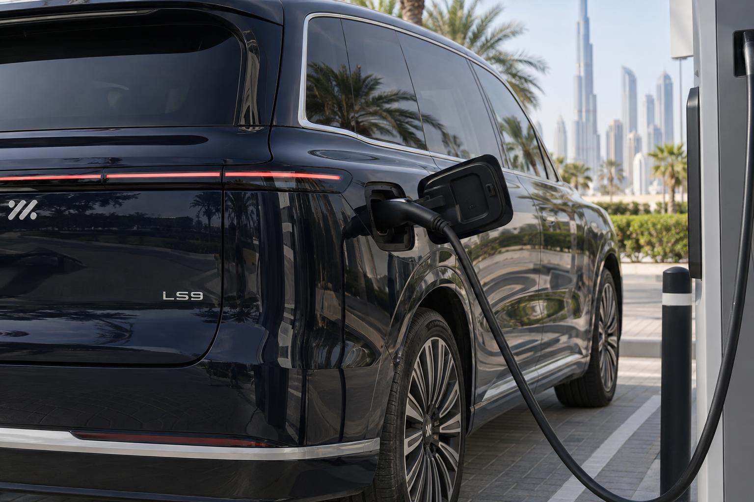 A charging connector connected to the IM LS9 at a UAE charging bay.