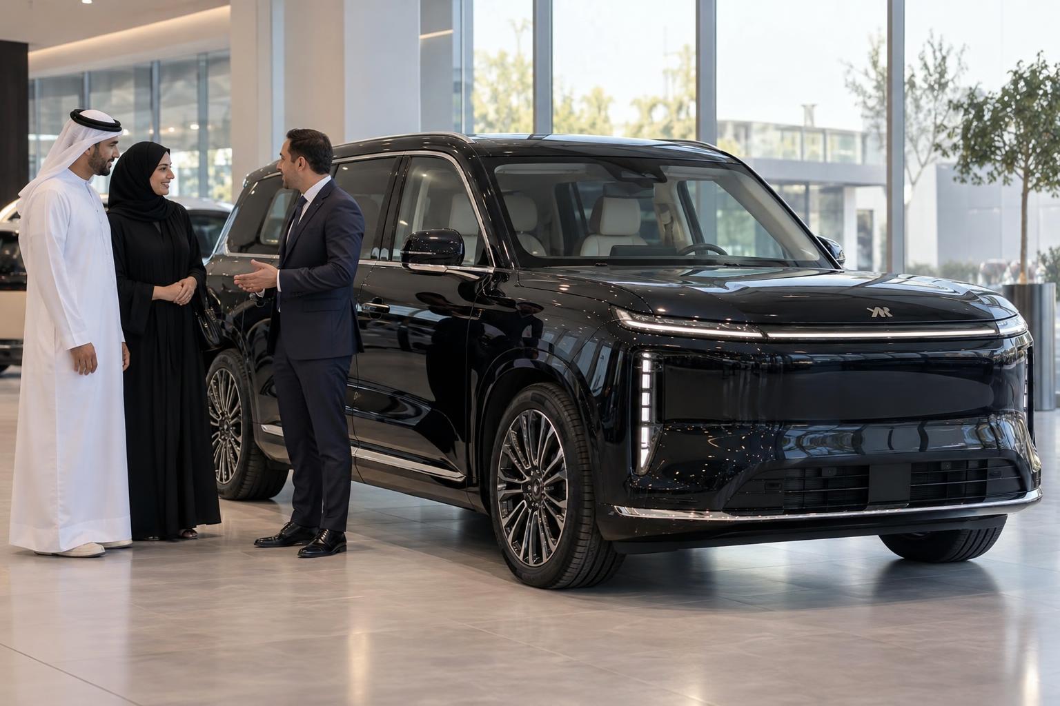 Customers stand beside an IM LS9 during a handover in a UAE luxury-car showroom.