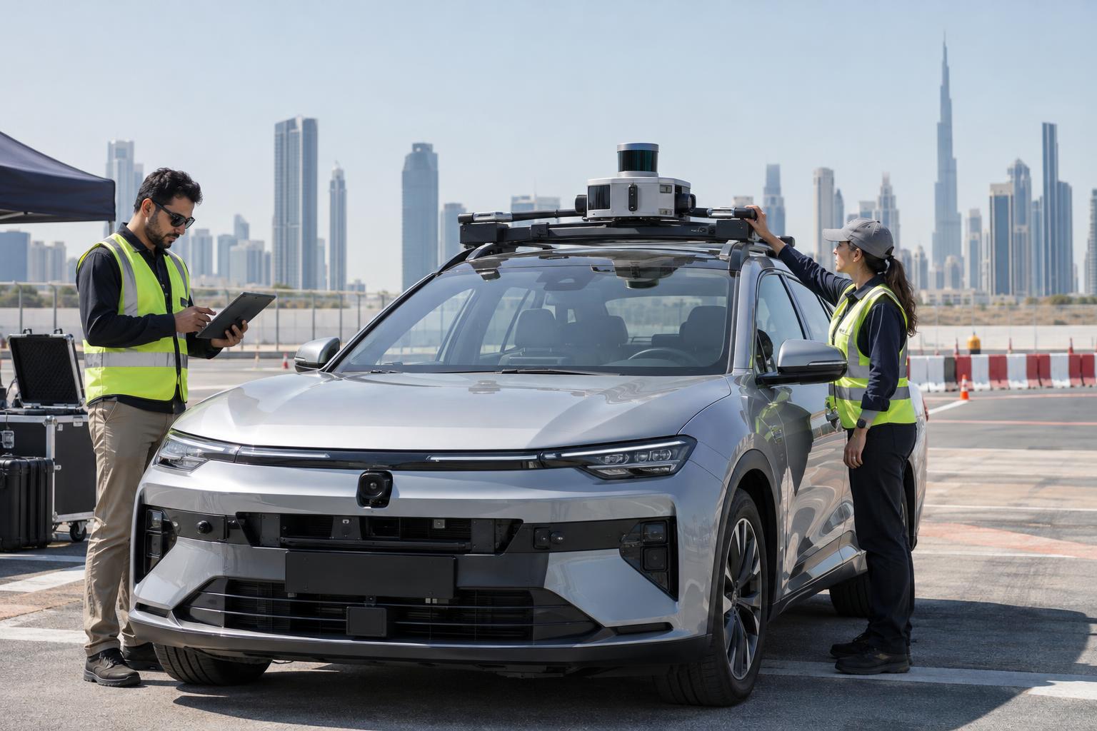 Two engineers inspect an autonomous test vehicle beside a controlled test lane.