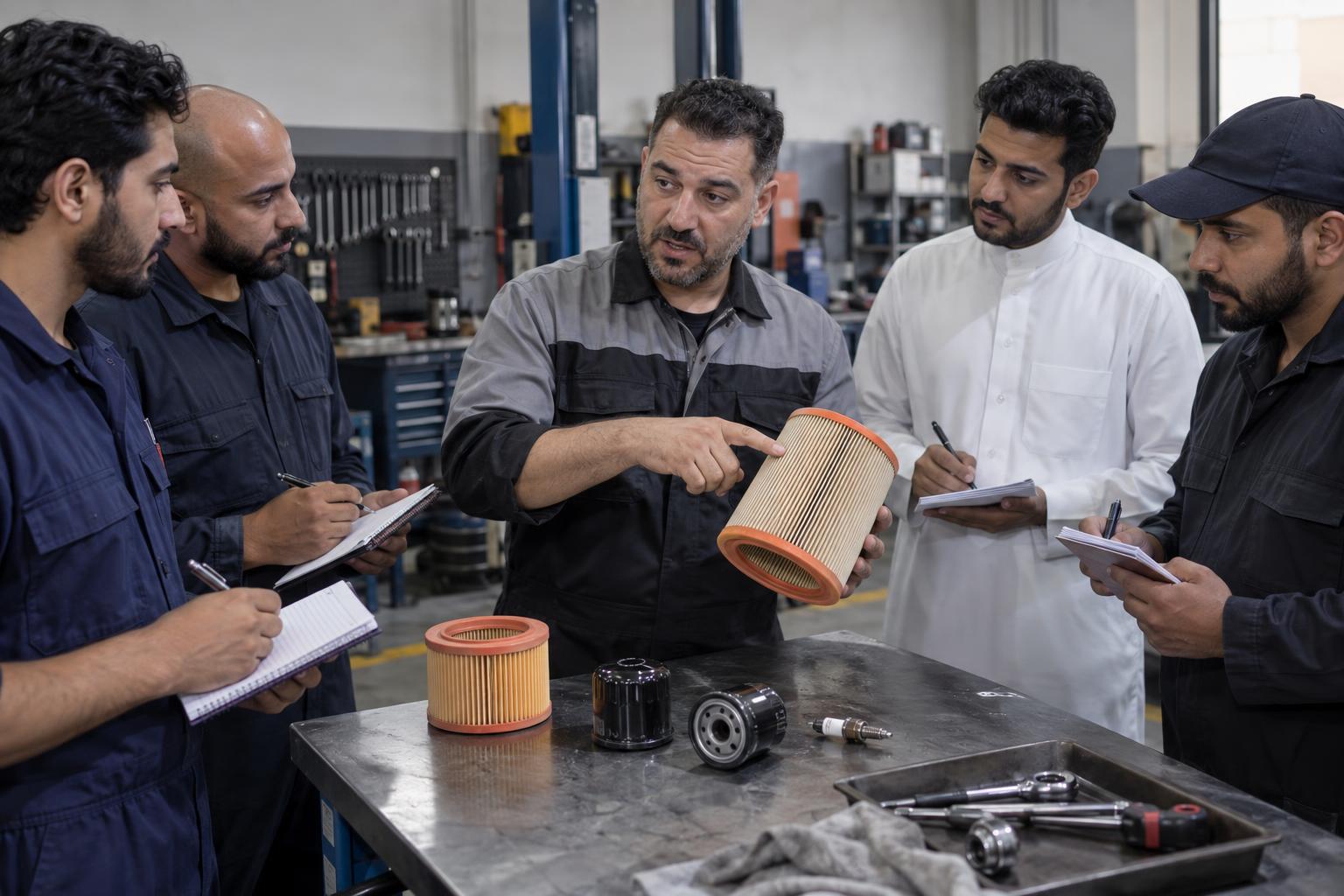 Workshop professionals attend a hands-on session about checking common service parts.
