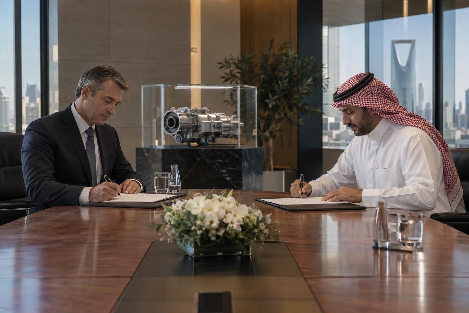 Representatives signing an industrial manufacturing agreement in a Saudi boardroom.