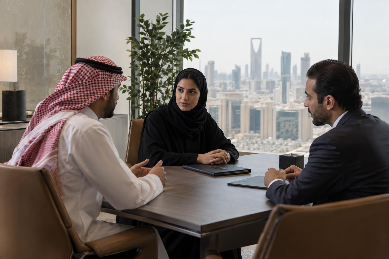 Insurance and legal professionals meeting in a Riyadh office to discuss a compliance matter.