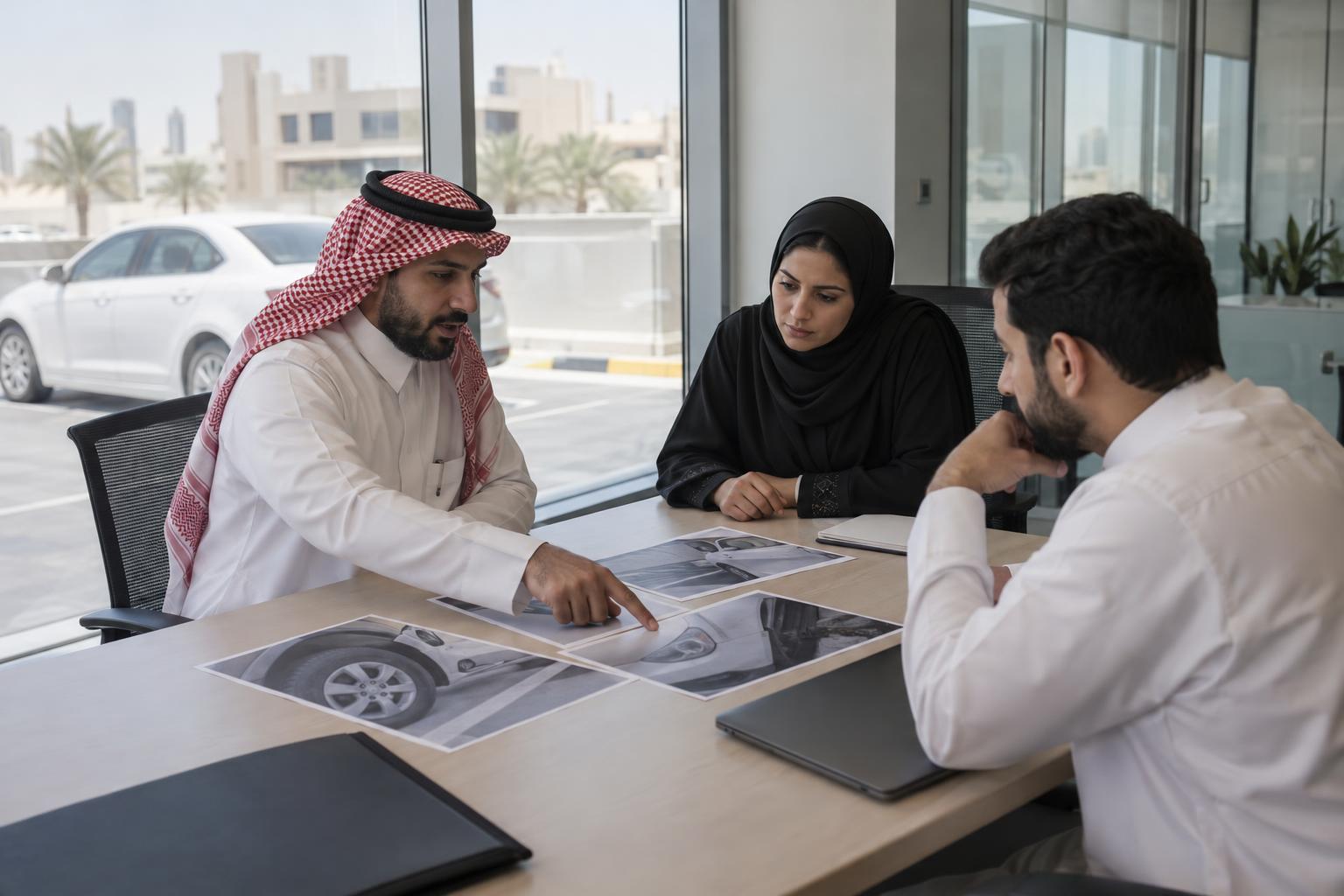 A motor insurance risk team discussing vehicle assessment material in a meeting room.