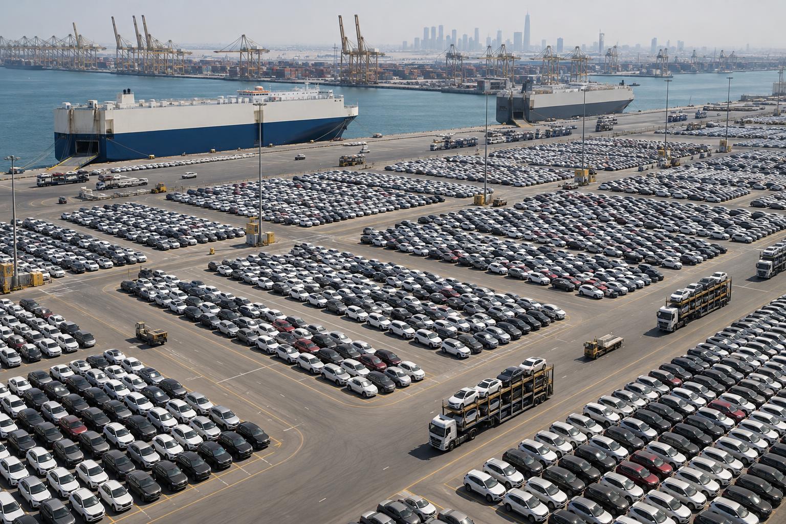 Aerial view of orderly vehicle storage lanes and cargo infrastructure at Jebel Ali Port.