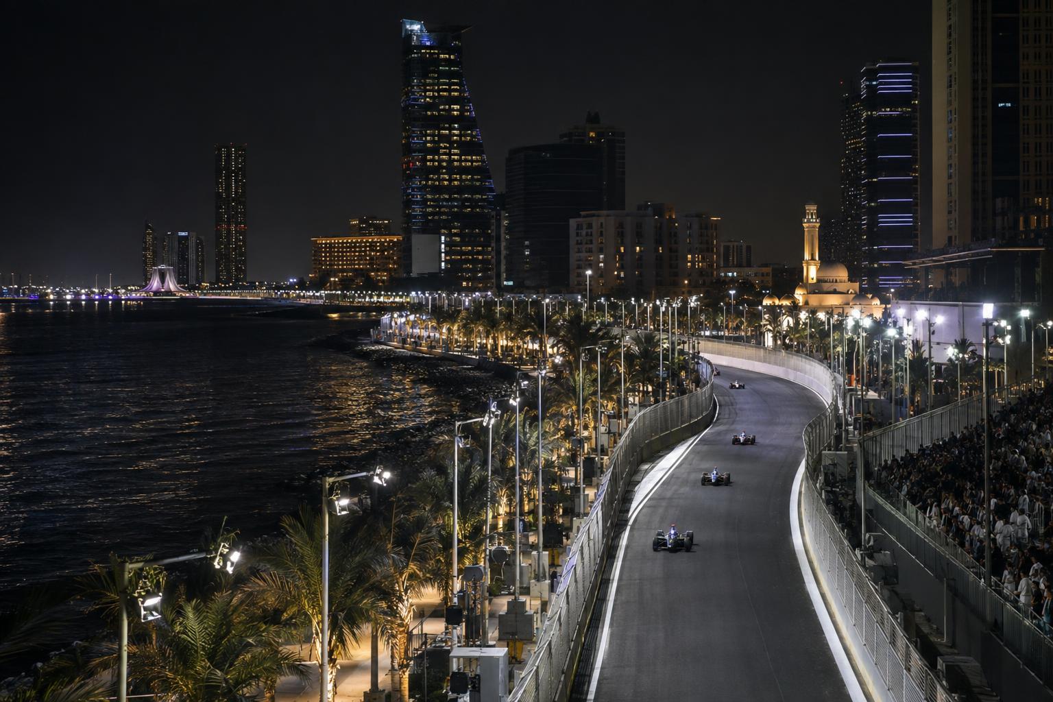 The illuminated Jeddah Corniche Circuit hosts Formula E racing beside the city waterfront at night.