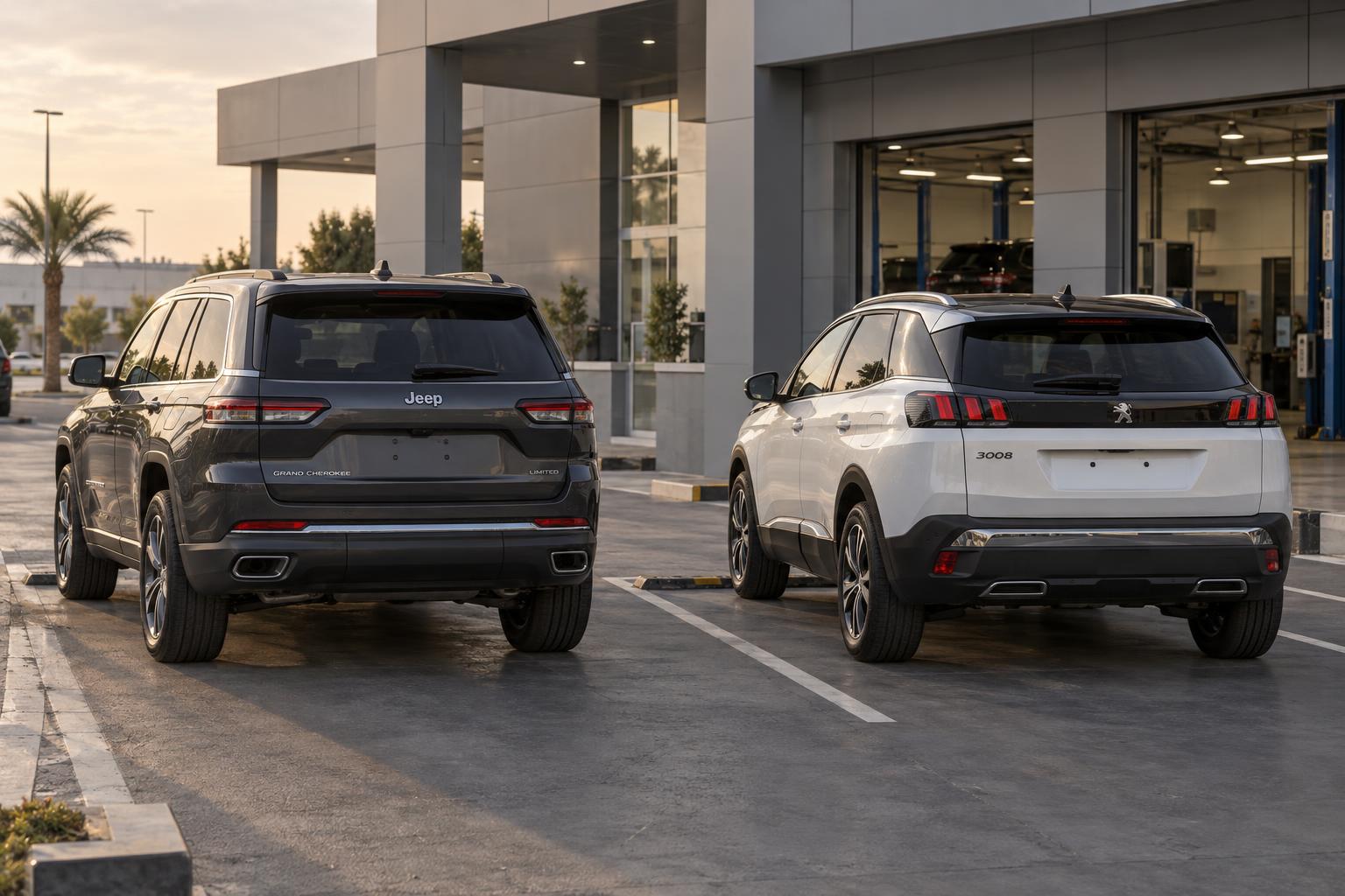 Rear three-quarter views of Jeep Grand Cherokee and Peugeot 3008 SUVs at a service reception area.