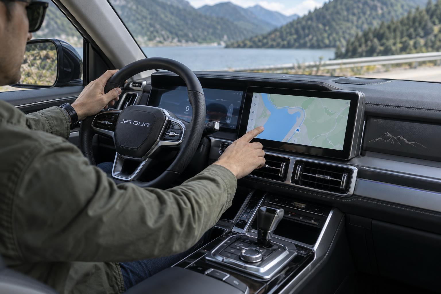 A JETOUR driver uses the navigation display inside the SUV before setting off.