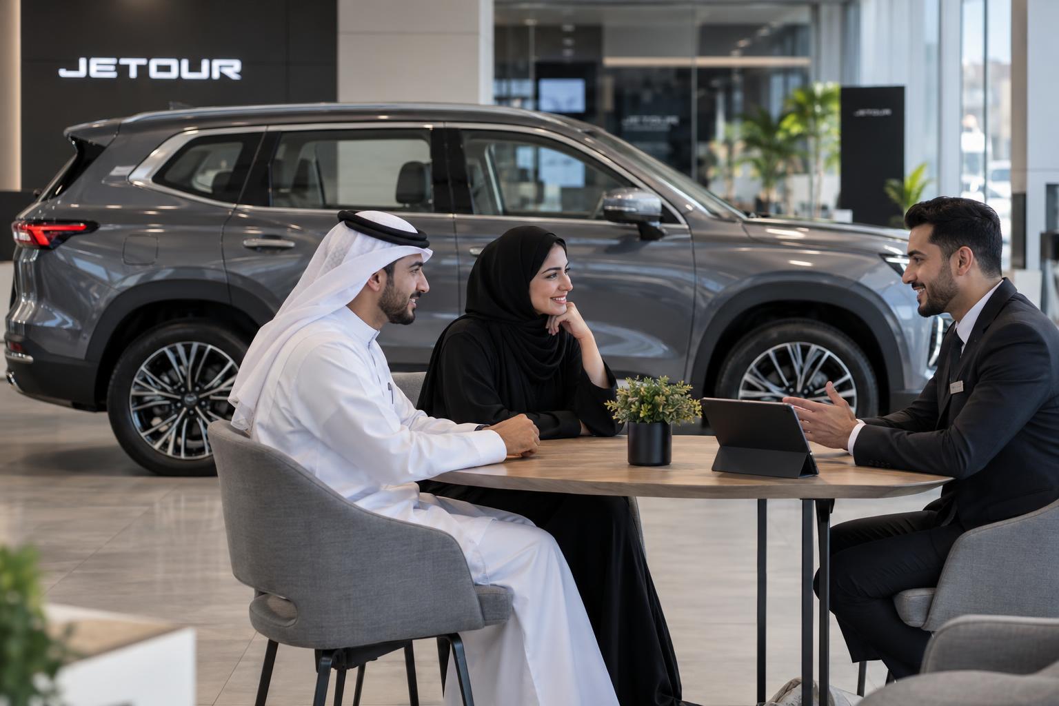 Prospective buyers speak with an adviser in a JETOUR showroom in the Gulf.