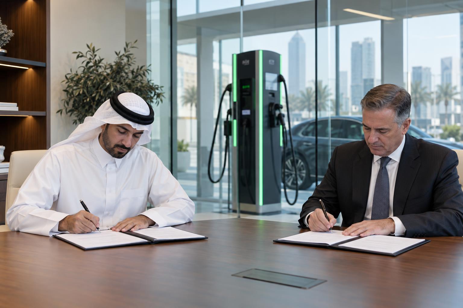 Representatives sign an electric vehicle charging infrastructure agreement in a Qatar meeting room.