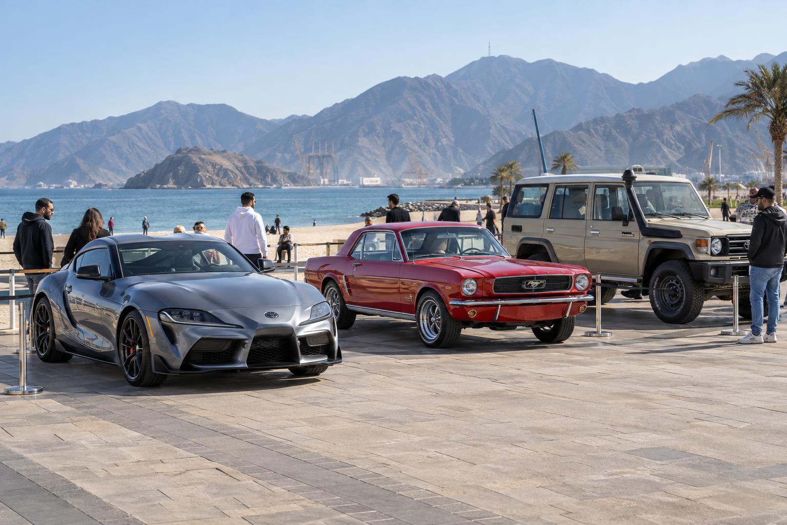 Show cars displayed on the Khorfakkan Beach promenade with mountains and sea behind them.