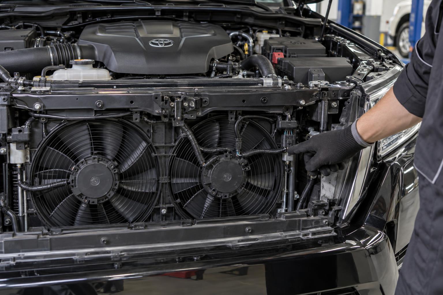 Close view of the cooling-fan area during a Land Cruiser 300 service inspection.