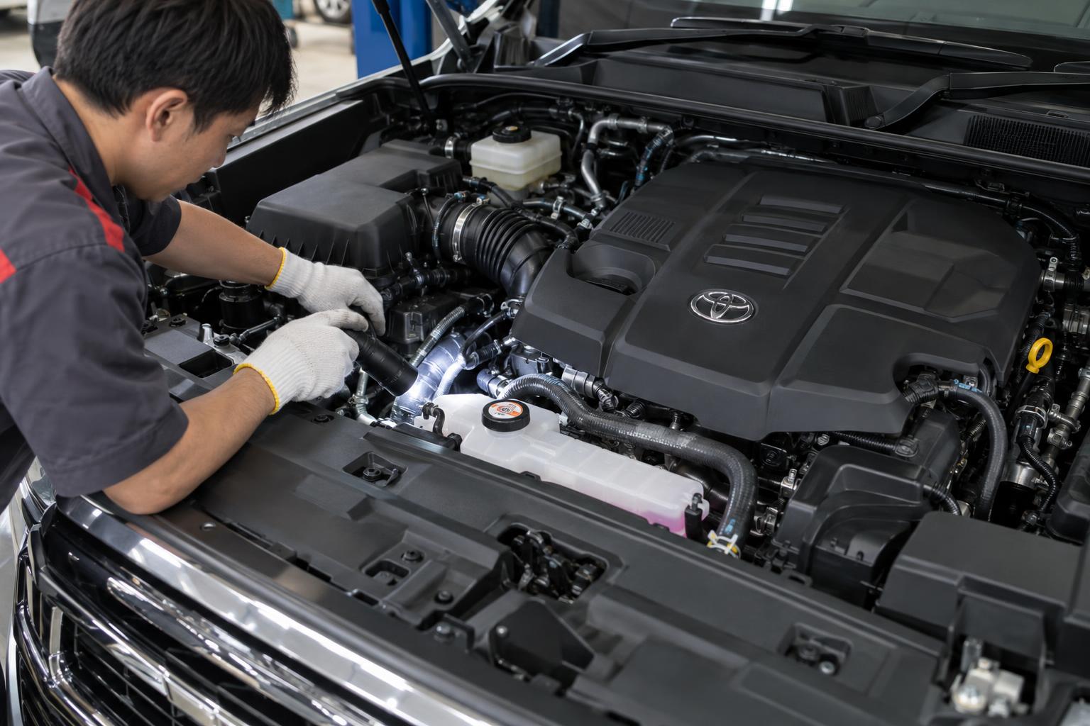 Technician inspecting the engine bay of a Toyota Land Cruiser 300.