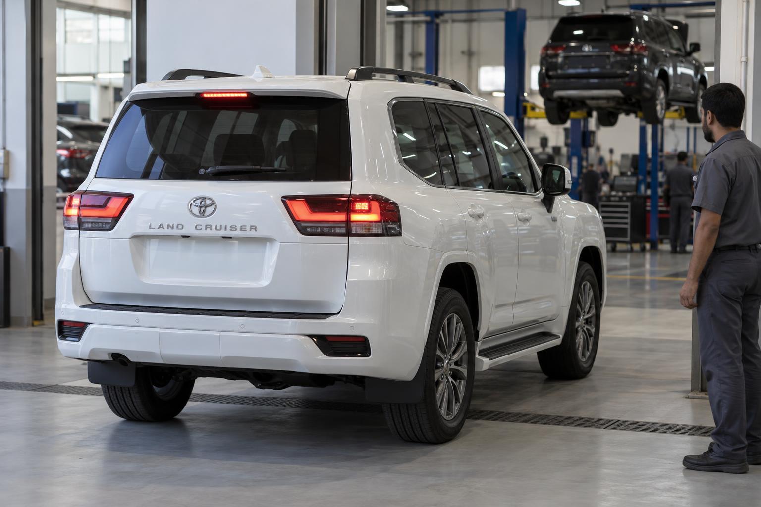 A Toyota Land Cruiser 300 arriving for inspection in a UAE dealership service bay.