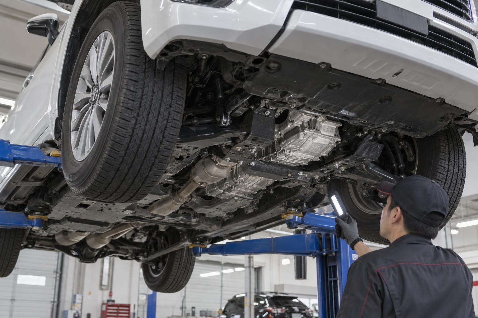 Toyota Land Cruiser 300 on a lift for a transmission-area inspection.