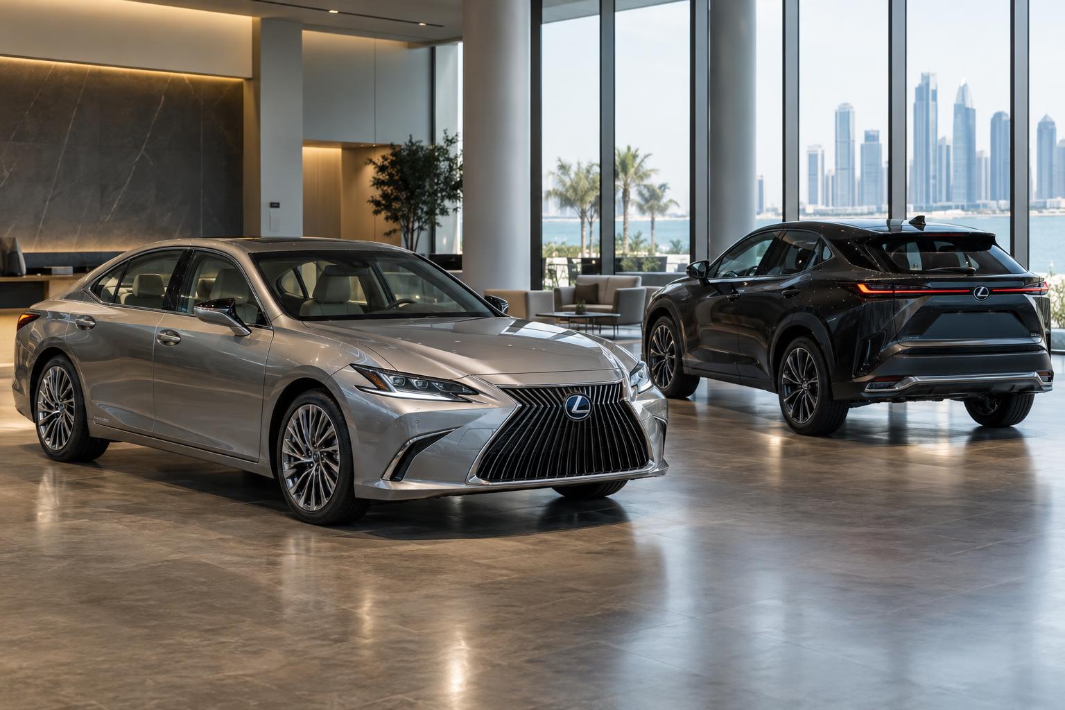 Lexus ES sedan and Lexus RZ 500e electric SUV displayed in a Doha showroom.