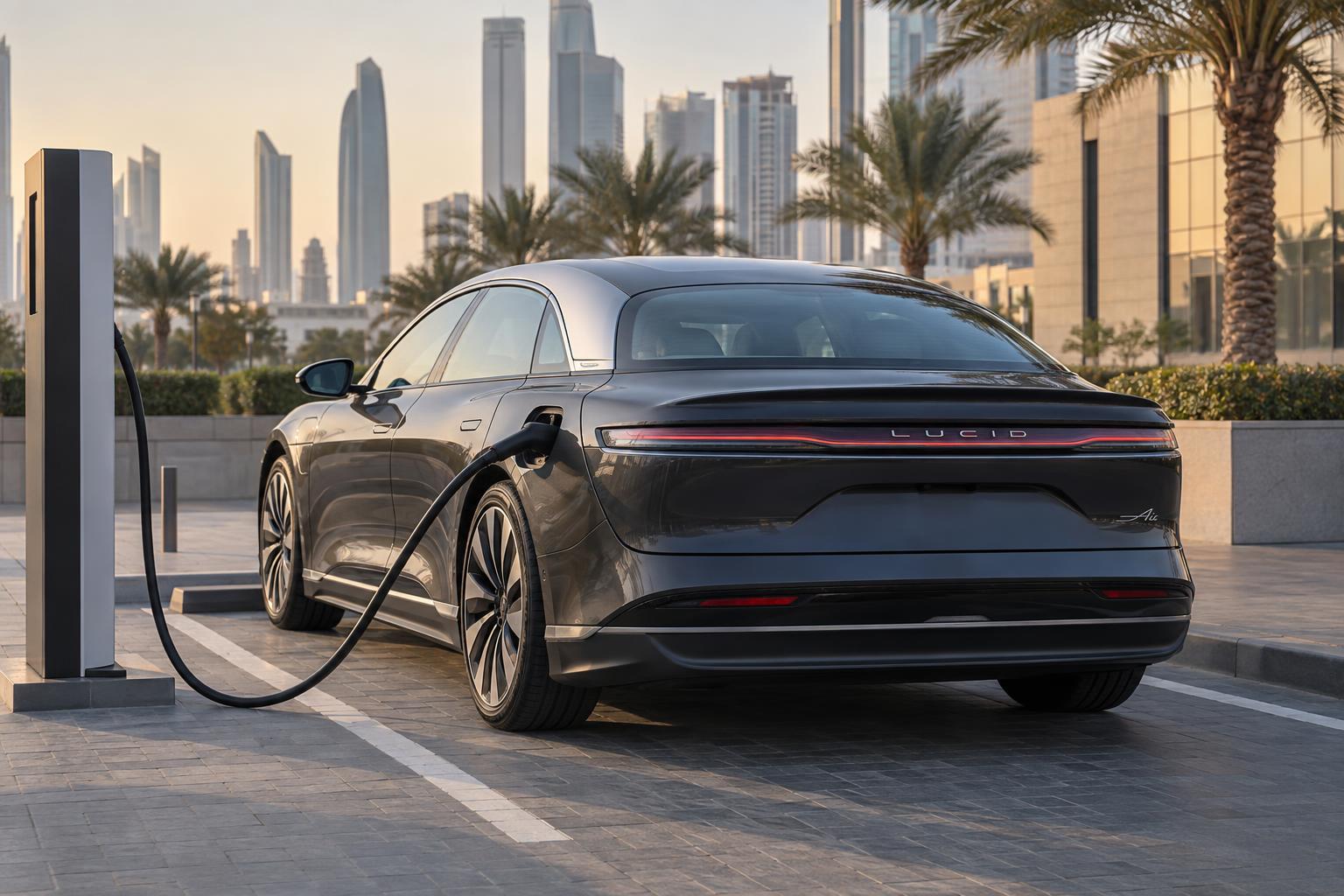 Lucid Air charging at a public EV station in a Gulf urban setting.