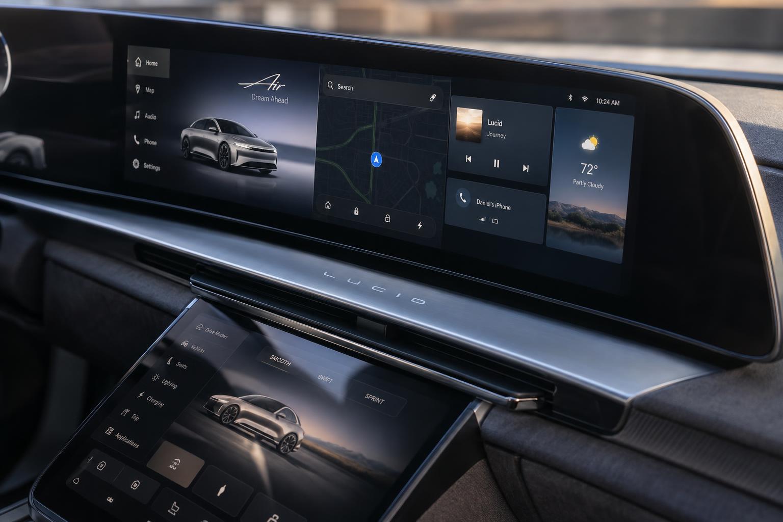 Close view of the Lucid Air UX 3.0 display configured for multitasking.