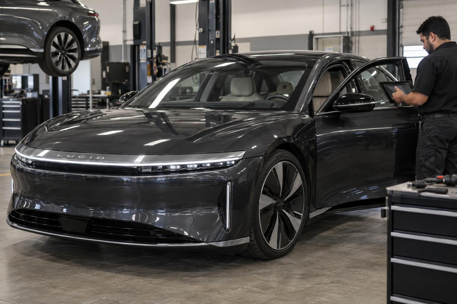 A Lucid Air in a service bay for a compatibility hardware visit.