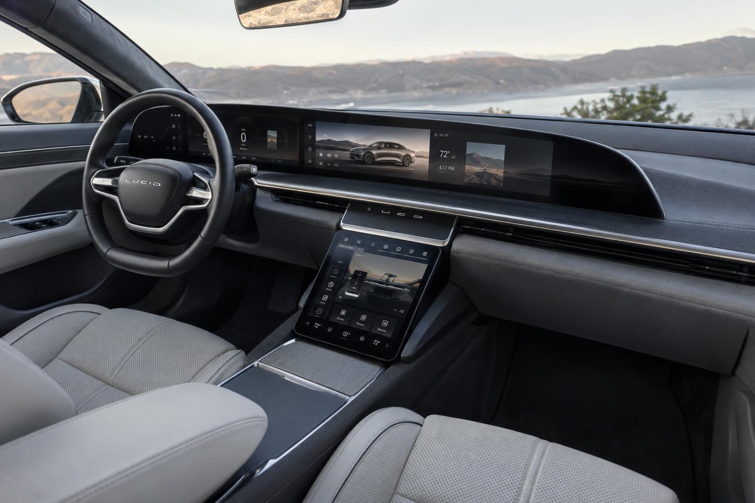 Lucid Air cockpit showing the updated UX 3.0 infotainment home screen.