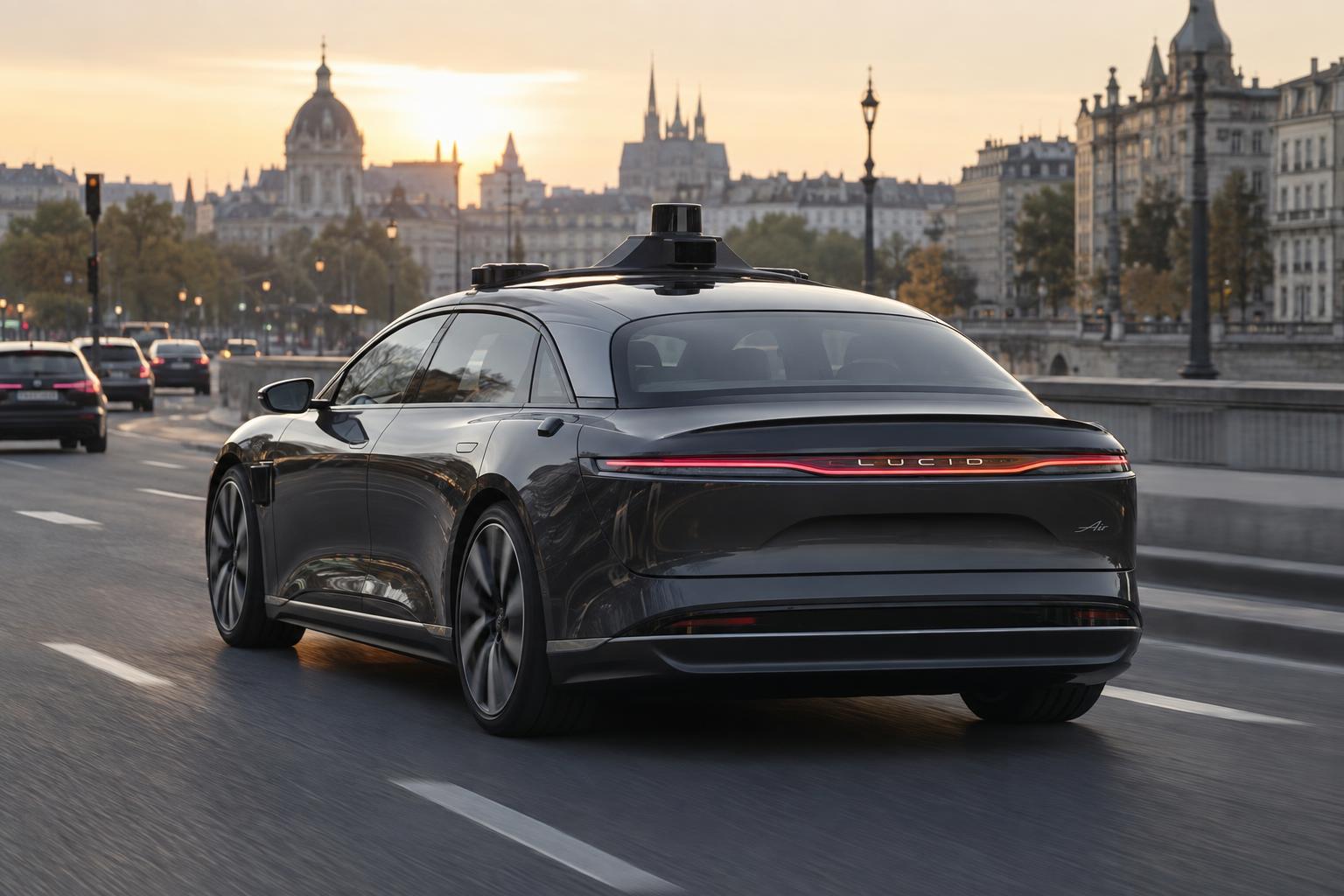 A Lucid Air fitted with autonomous-driving sensors traveling on a European city street.