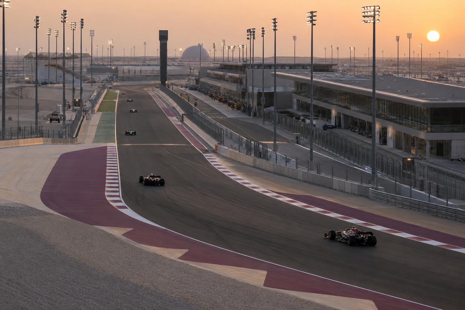 Track activity at Lusail International Circuit with floodlights and desert surroundings visible.