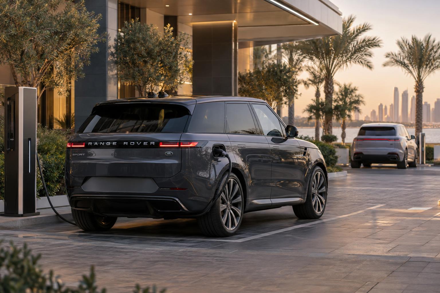 Range Rover Sport Electric at a destination charging area outside a contemporary UAE development.
