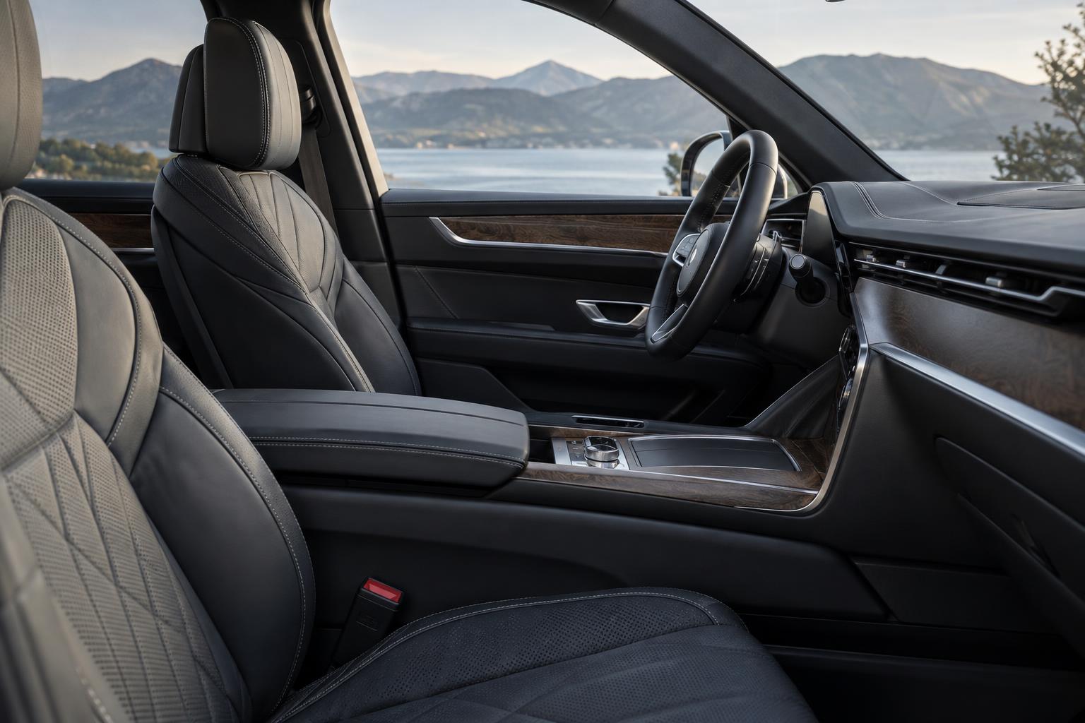 Close view of premium leather, wood and metal finishes inside a generic luxury electric SUV.