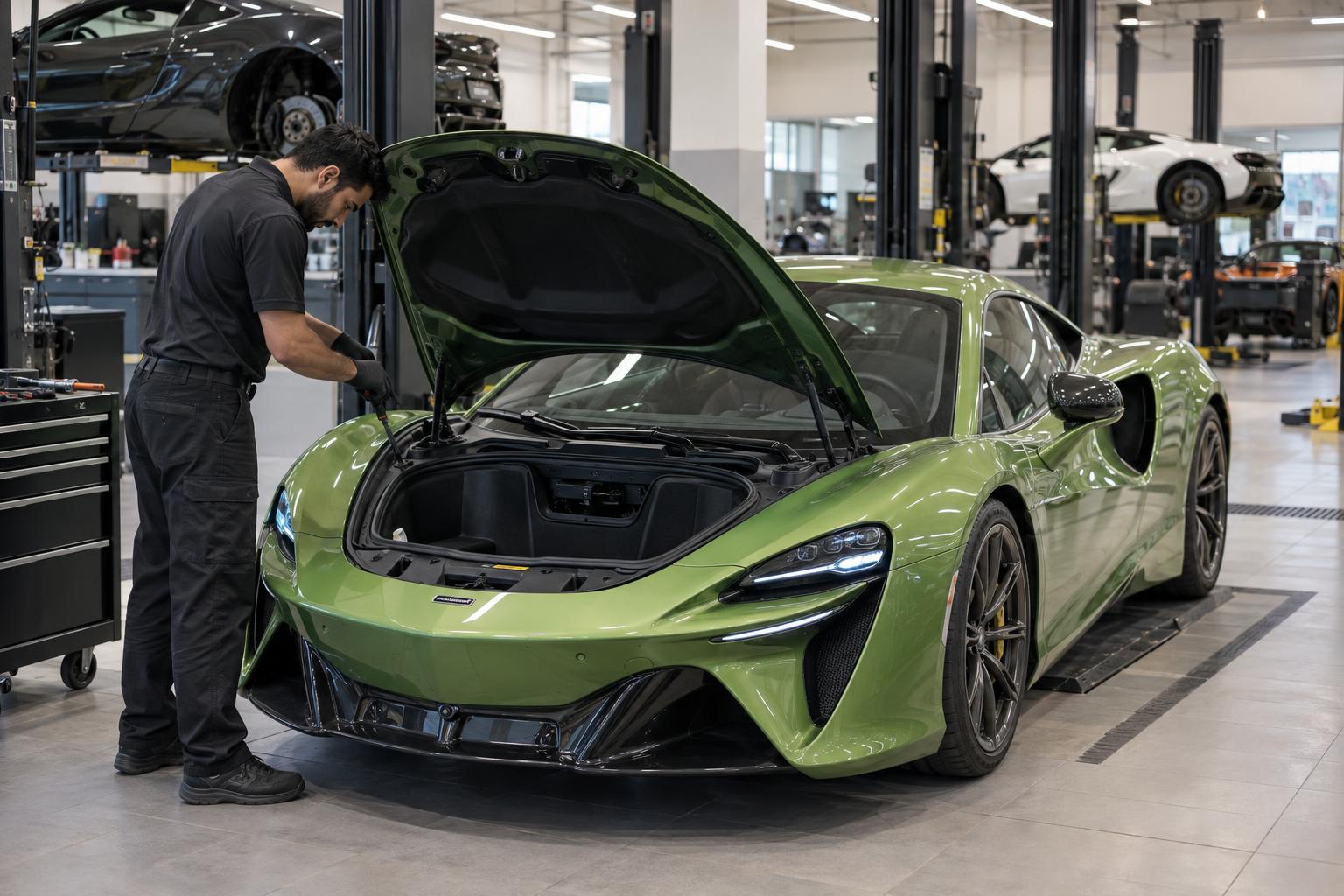 A technician inspecting a McLaren Artura in a modern service workshop.
