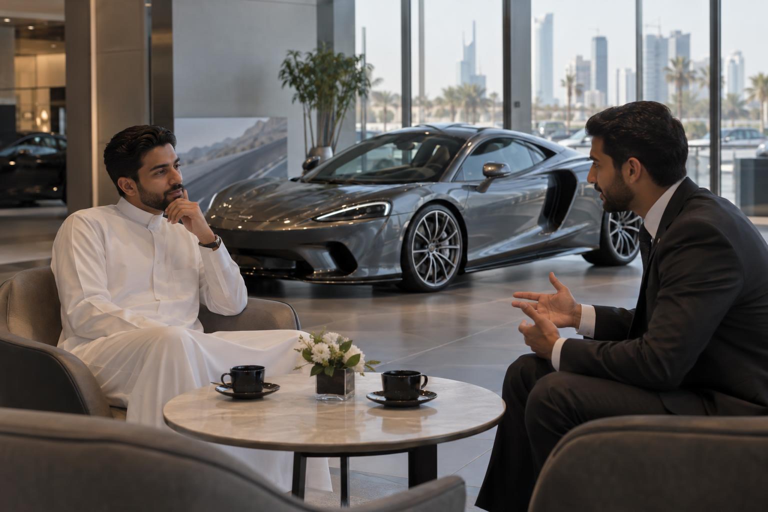 A customer speaks with a product specialist beside a McLaren GTS in a Riyadh showroom.