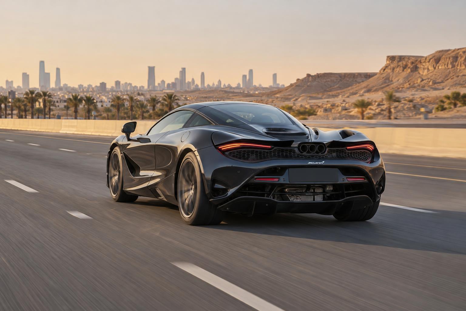 A McLaren 750S driving on a highway outside Riyadh.