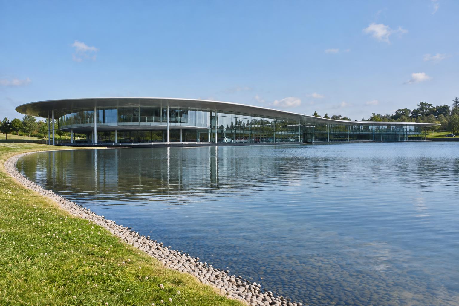 The McLaren Technology Centre in Woking, photographed across its reflecting pool.