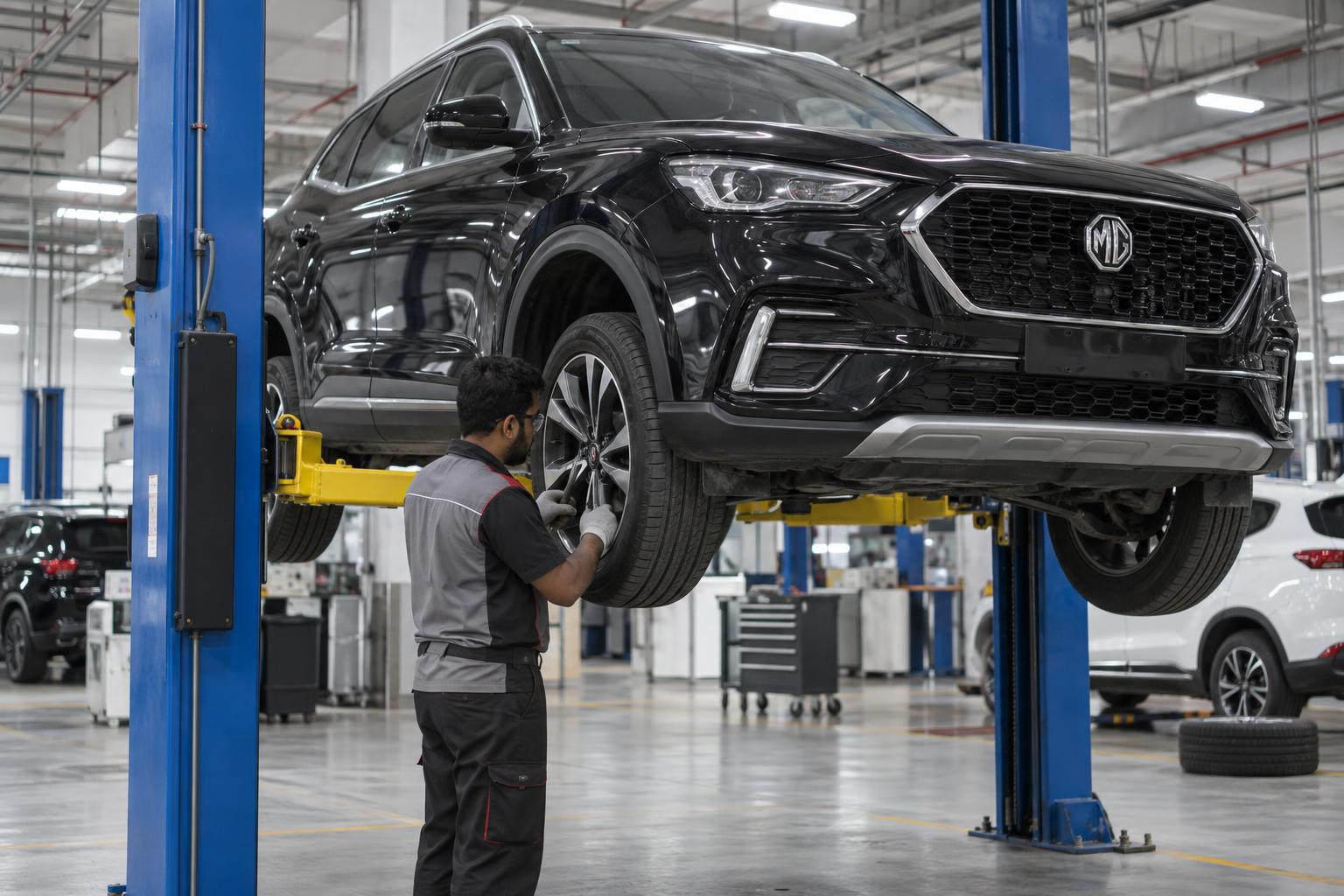 A technician inspecting an MG SUV in a UAE service workshop.