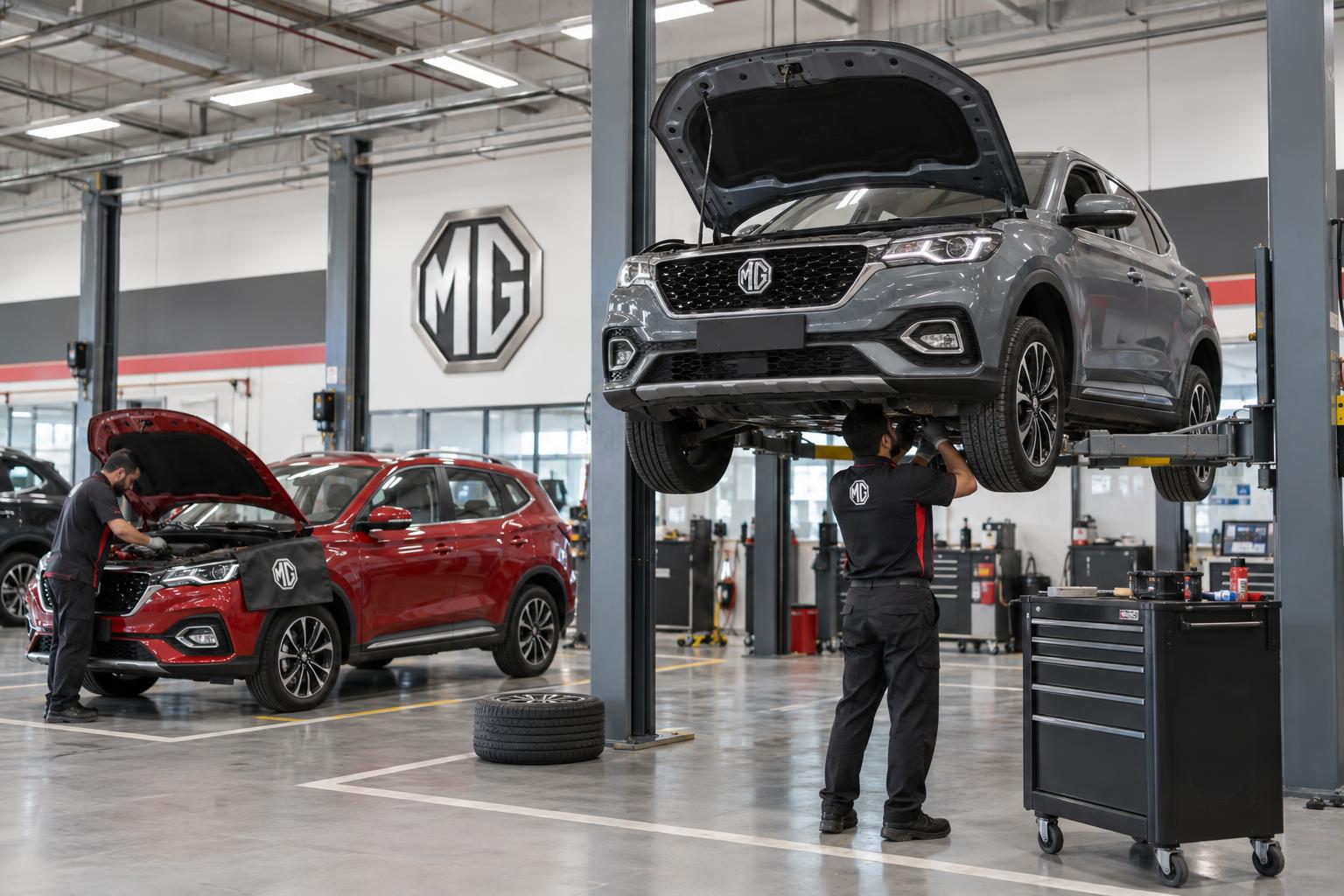 Technicians service an MG vehicle in a clean workshop bay at an integrated dealership.