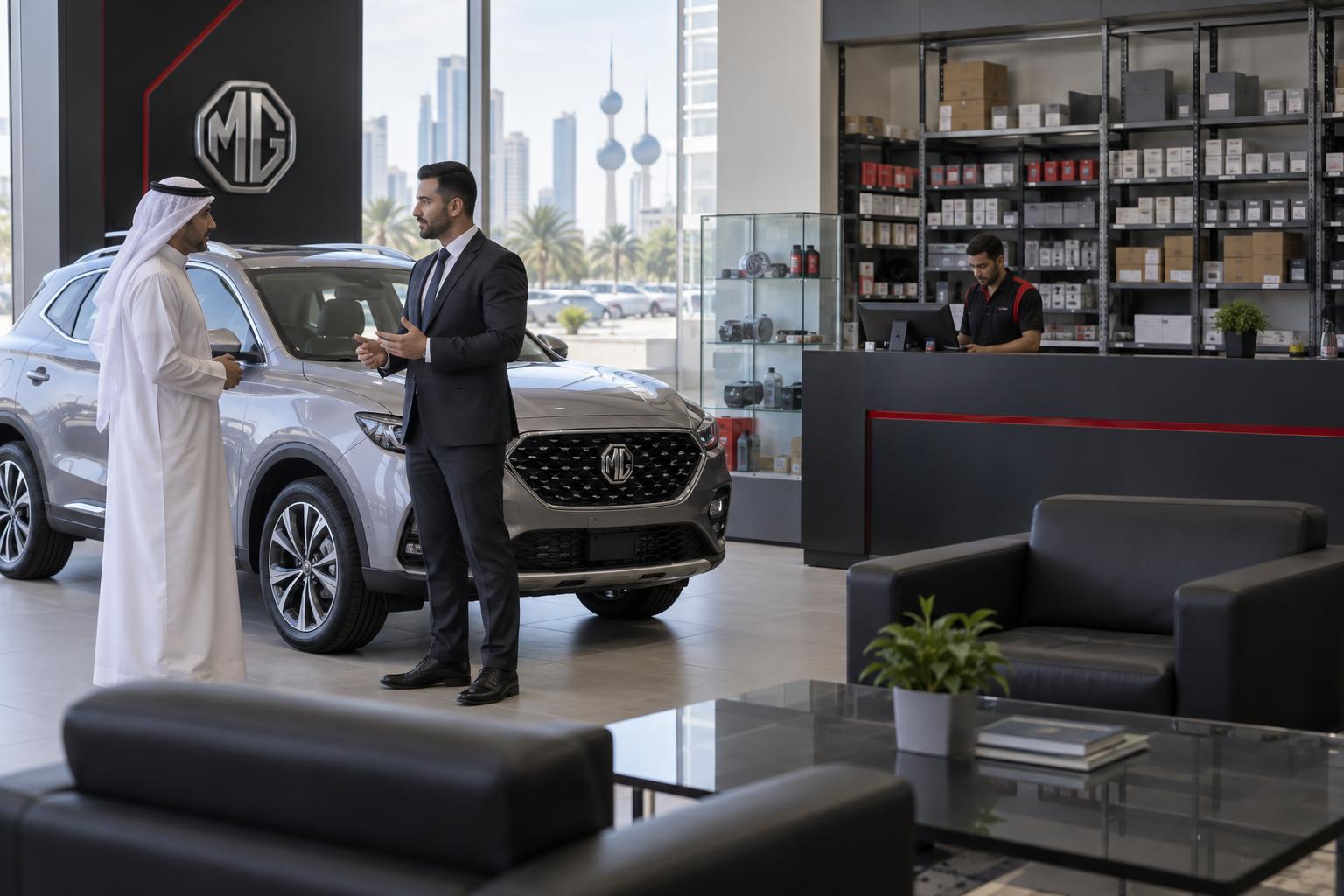Customer handover and parts-support area inside an MG dealership facility in Kuwait.