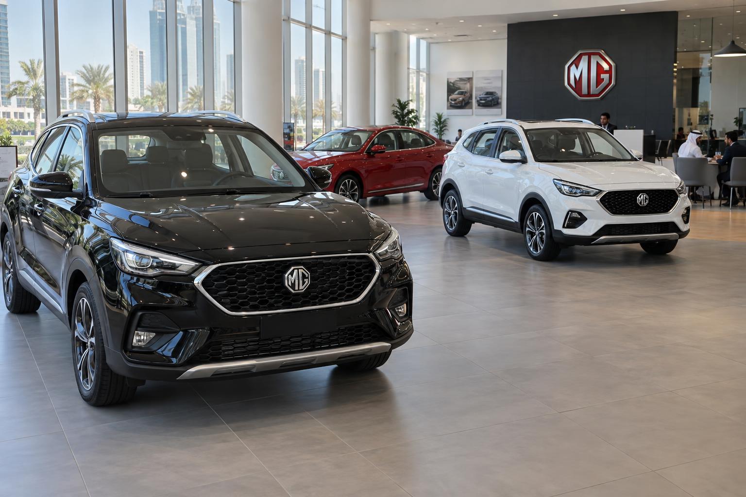 Modern MG sales floor in Kuwait with several new vehicles displayed under bright showroom lighting.