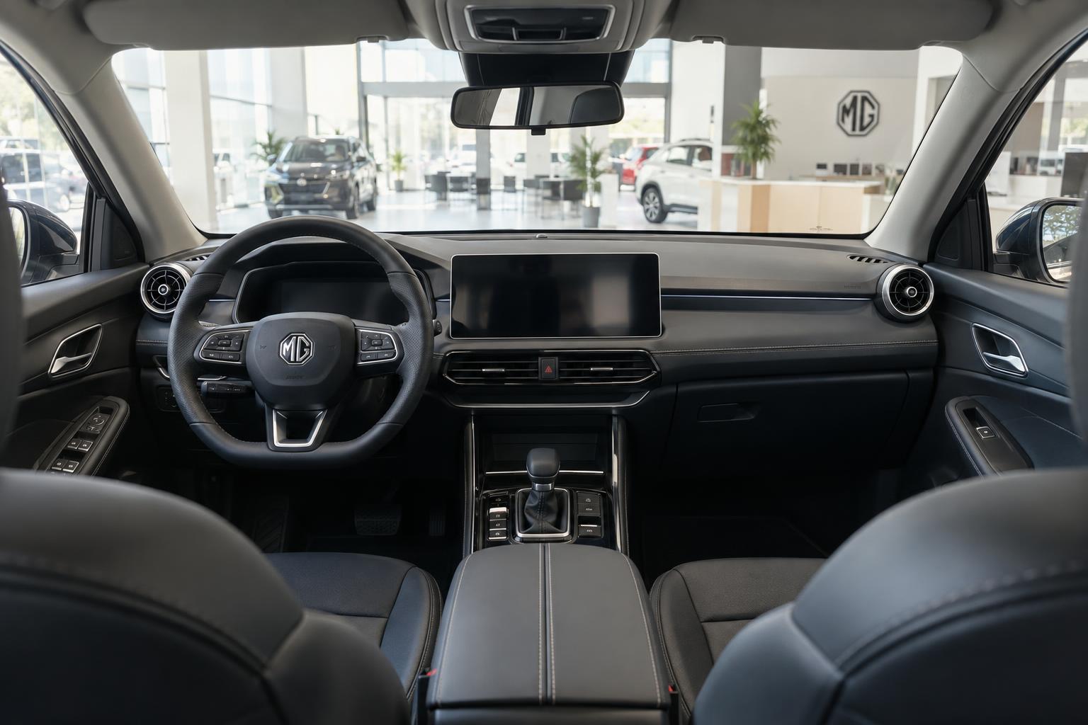 The dashboard and front cabin of a current MG vehicle in a UAE showroom.